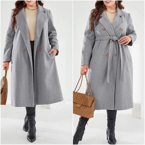 Plus Double Breasted Button up Belted Jacket Coat - Picture 8 of 9